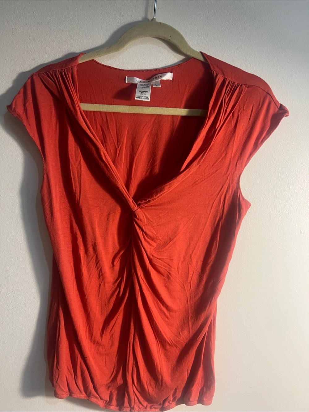 Max Studio Twist-Knot Cap Sleeve Top in Coral-Red
